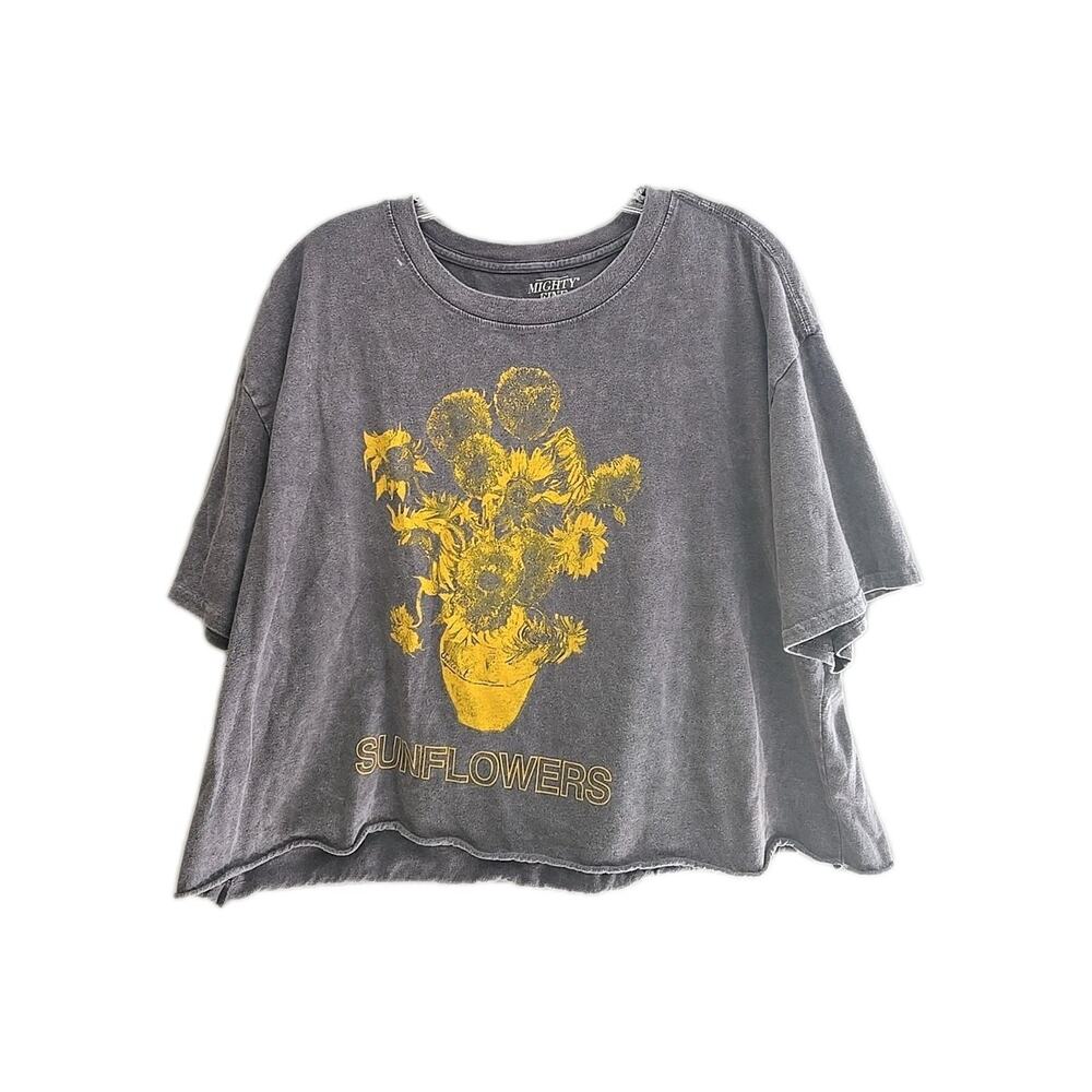 Mighty Fine Gray Sunflower Graphic Acid Wash Short Sleeve Crop Top Womans Sz 2XL